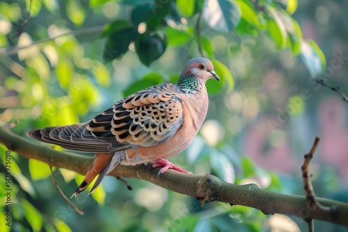 Colorful european turtle dove resting on a tree branch amidst vibrant green leaves, showcasing its intricate plumage