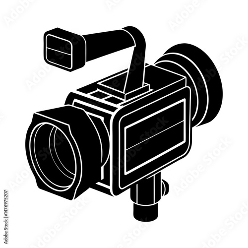 Illustration of a vintage video camera with a top handle and a large lens in black and white style