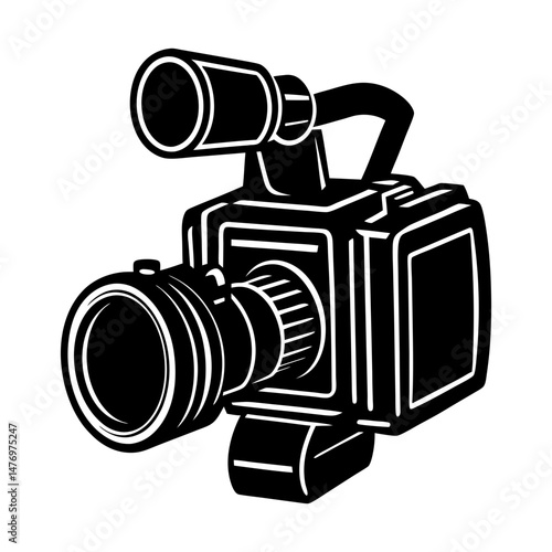 Illustration of a vintage video camera with a large lens and top handle in black and white style