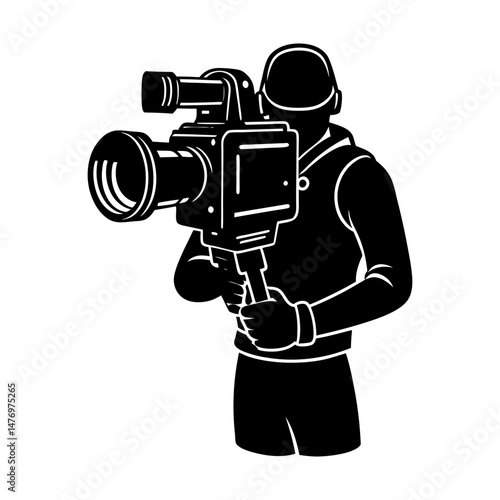 Silhouette of a person holding a vintage camera with a large lens and wearing a hooded sweatshirt