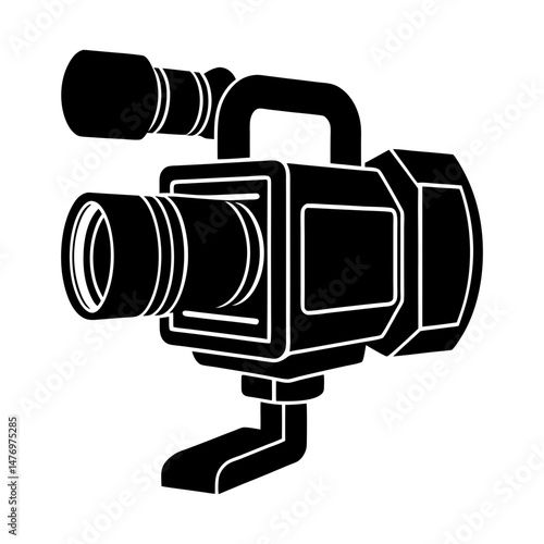 Illustration of a professional video camera with lens and handle in black and white design style
