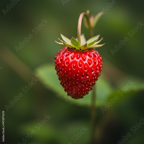 A Single Ripe Wild Strawberry on its Vine
