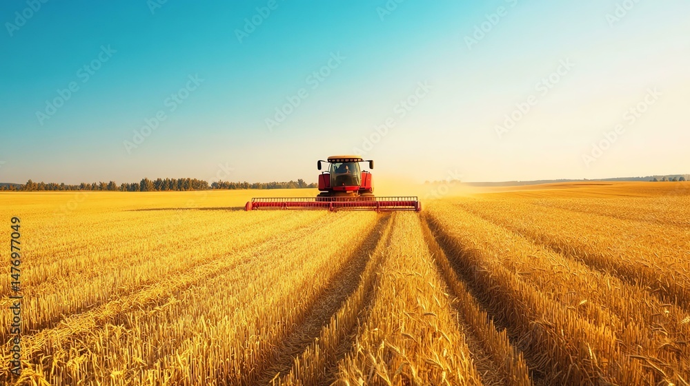 Fototapeta premium A combine harvester is working in a field of golden wheat. The image captures a classic scene of agricultural labor.