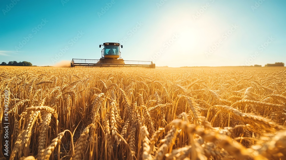 Fototapeta premium A combine harvester is working in a vast wheat field. The scene depicts agricultural machinery within a field of golden wheat.