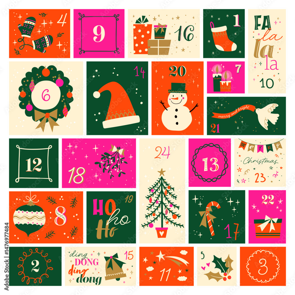 Fototapeta premium Cute hand drawn Christmas advent calendar. Lovely doodle drawings, vector design