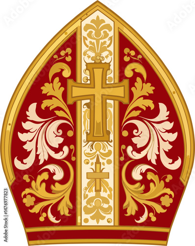 Intricately Decorated Papal Mitre Vector with Golden Cross and Baroque Floral Embellishments on Red Background