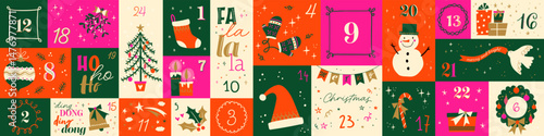 Cute hand drawn Christmas advent calendar. Lovely doodle drawings, vector design