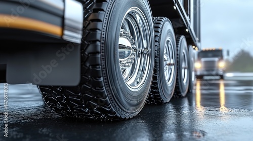 Wallpaper Mural A close-up of the wheels of a large truck on a wet road, with another truck in the background. Torontodigital.ca
