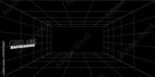 Empty futuristic digital box room grey-black background with white grid space line color surface. Network cyber technology. banner, cover, terrain, sci-fi, wireframe, and related to background.