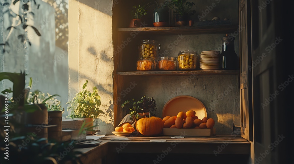 Obraz premium Rustic kitchen counter with produce, plants, and canned goods on shelves.