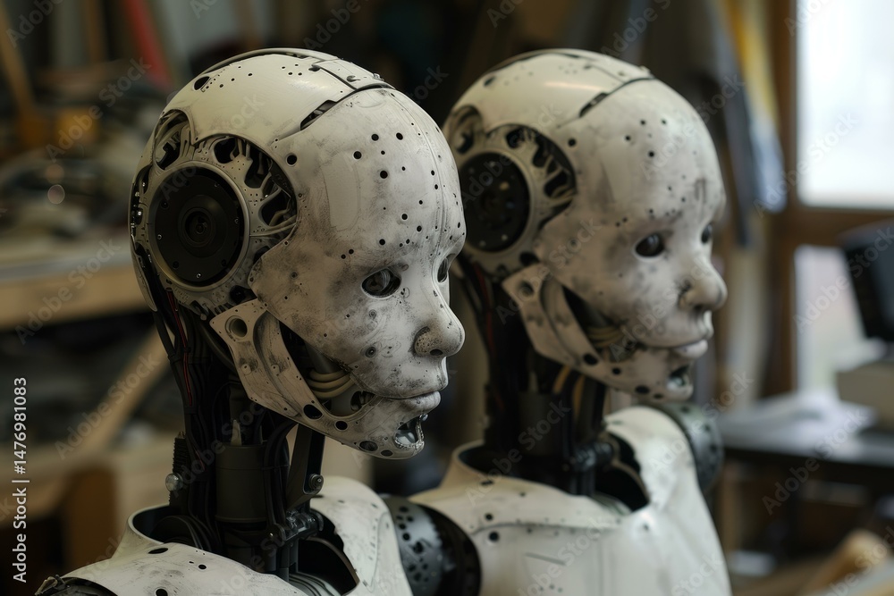 Fototapeta premium Two humanoid robots are displayed, showcasing advanced artificial intelligence and machine learning capabilities