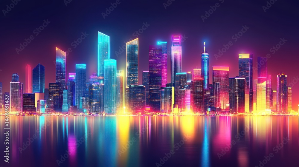 A vibrant cityscape reflecting colorful lights across calm water surfaces A vibrant cityscape reflecting colorful lights across calm water surfaces