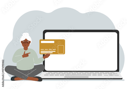 A woman sits cross-legged and holds a large plastic card. Next to the woman is a large laptop with space for text.