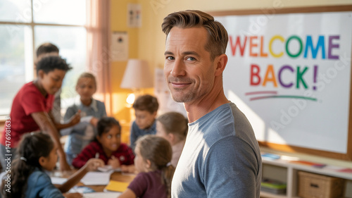 Portrait of a smiling male teacher in a class looking at the camera with students in the background