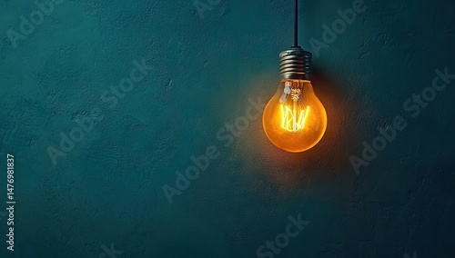 Light bulb on a blue background with copy space for your text, an innovation and creativity concept. A yellow light bulb glowing on a dark green wall background.