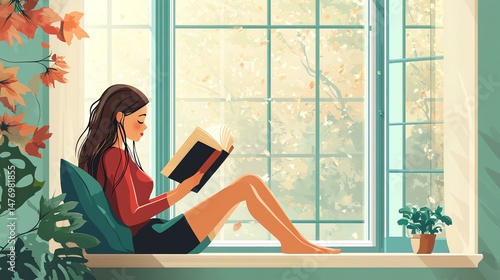 A woman is seated by a window, engrossed in reading a book. The scene suggests a peaceful and solitary moment.