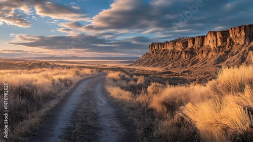 Remote path leading to a rocky escarpment at sunrise, bathed in warm light.