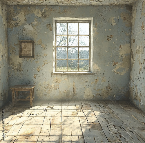 A simple orphanage room in New York, 1933. Plain walls with solid light color,slightly peeling paint but not too damaged. One clean wooden window with daylight coming in. Quiet and empty.