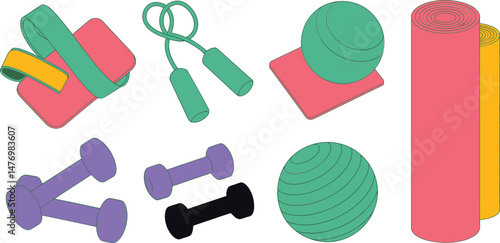 Colorful exercise equipment collection depicting fitness and wellness for a healthy lifestyle