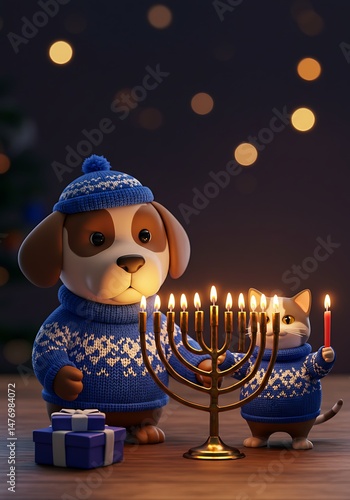 Cute Dog and Cat Celebrating Winter Holiday with Menorah
