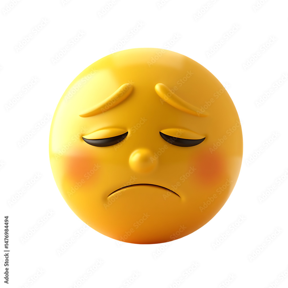 Fototapeta premium A sad yellow emoji face with furrowed brows and downcast eyes conveys profound melancholy feeling.