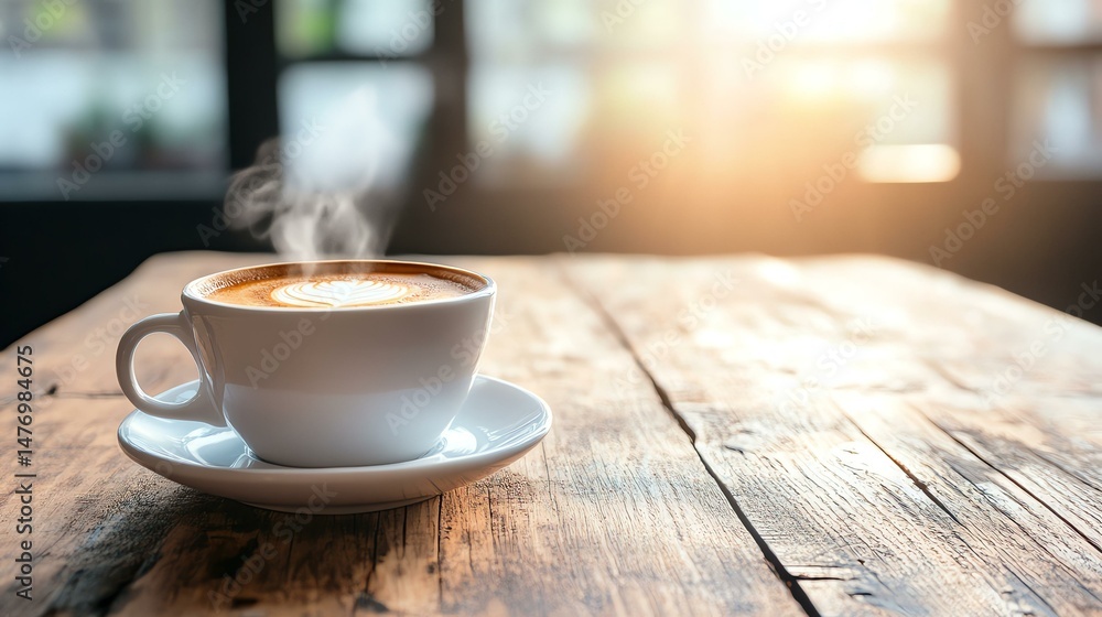 Obraz premium A cup of coffee sits on a wooden table. It’s a simple, cozy scene.
