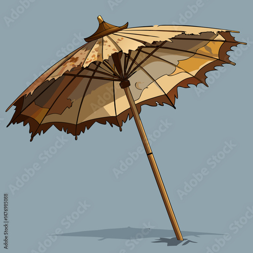 A weathered and tattered Asian-style parasol leans against a muted background