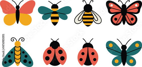 Simple and cute illustrations of butterflies bees ladybugs and other insects on white