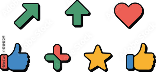 Simple vector graphics of social media icons representing likes shares and engagement.