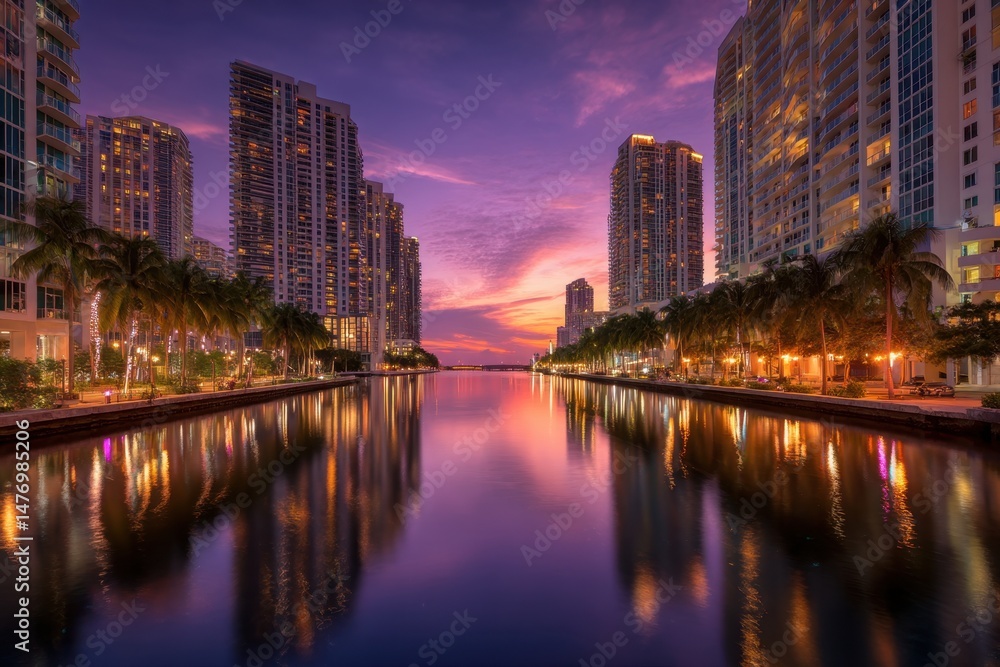 Fototapeta premium Miami cityscape at dusk river reflections