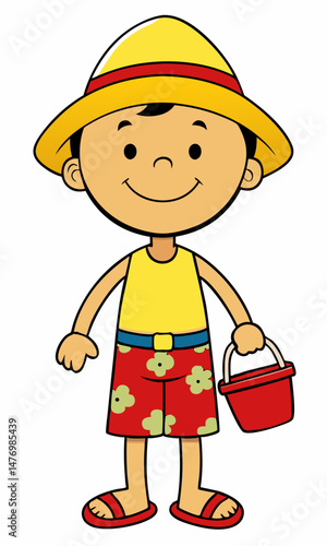 Happy Cartoon Boy Ready for Beach Fun Wearing Summer Clothes and Holding a Bucket