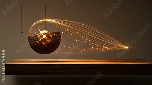 Wooden clock glows, light trails stream past