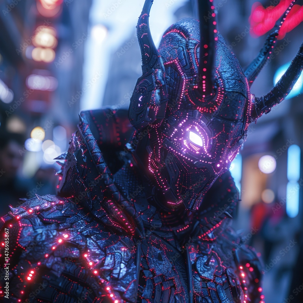 Fototapeta premium Cyberpunk demon figure shrouded in neon urban night