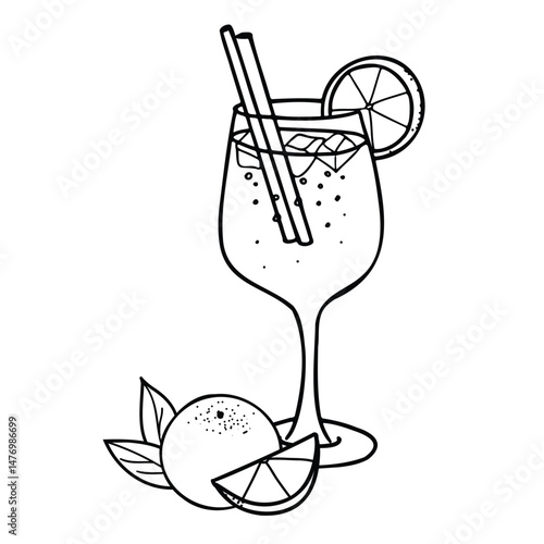 Aperol Spritz Cocktail composition. Hand drawn Vector illustration of alcohol drink with orange fruit and slice and ice in Doodle style. For cocktail bar menu, logo or drink summer party Invitations.