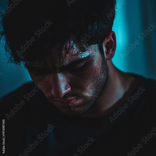 Pensive young Latino man looks downward with beaded sweat on his face in dark, moody light against teal backdrop