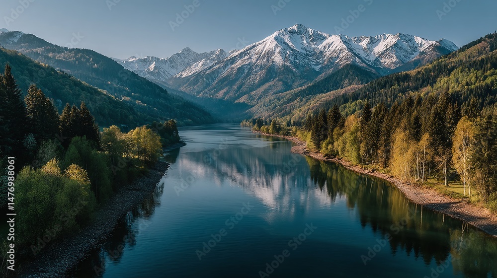 Scenic aerial illustration of mountain lake at sunrise. Calm water mirror reflections. Snow-covered mountain peaks, green forest landscapes. Ideal for travel, tourism wallpaper designs. Nature Scenic aerial illustration of mountain lake at sunrise. Calm water mirror reflections. Snow-covered mountain peaks, green forest landscapes. Ideal for travel, tourism wallpaper designs. Nature