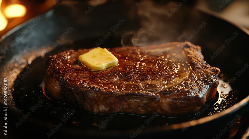 Fototapeta premium Cooked steak with butter in cast iron pan