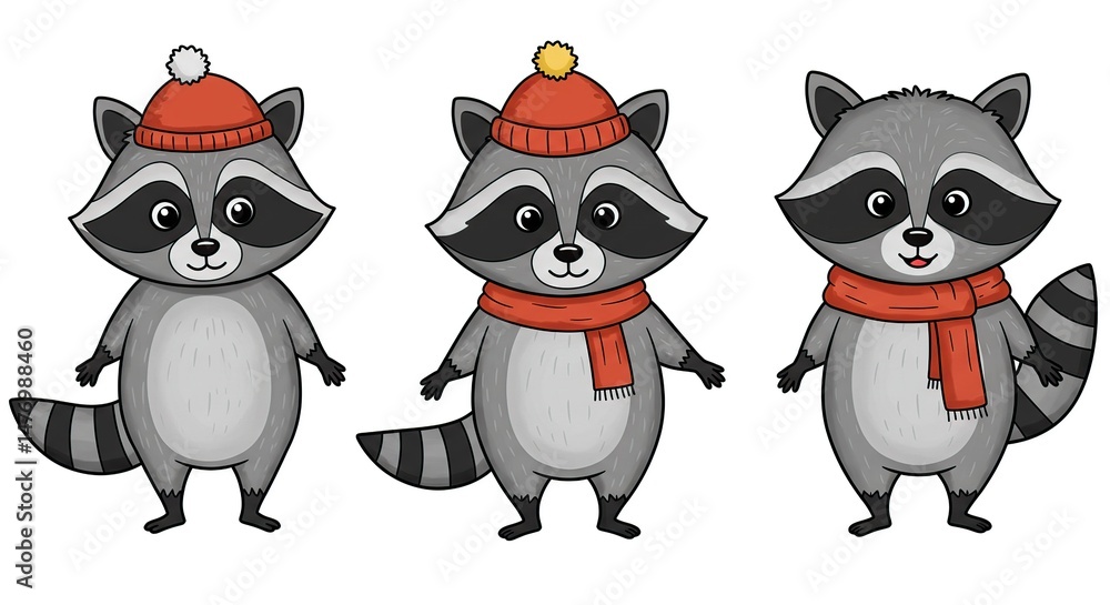 Obraz premium Adorable Cartoon Raccoons Wearing Winter Hats and Scarves