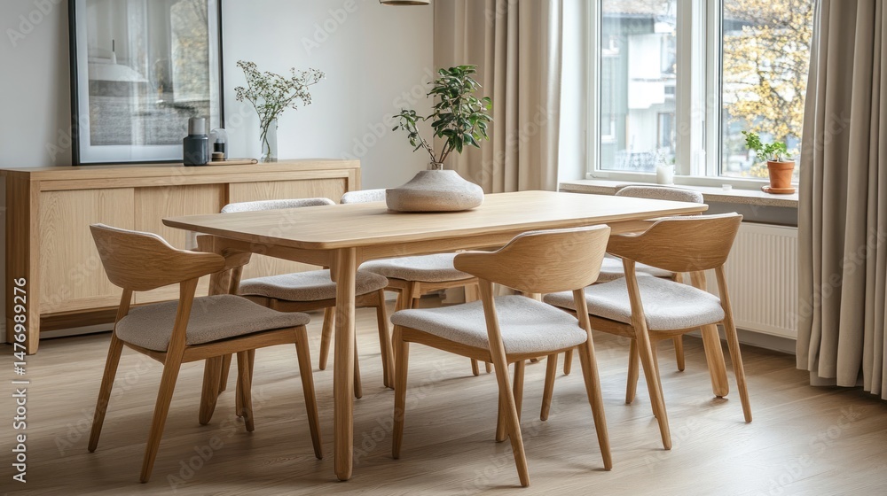 Light, airy dining room with wooden table and chairs Light, airy dining room with wooden table and chairs