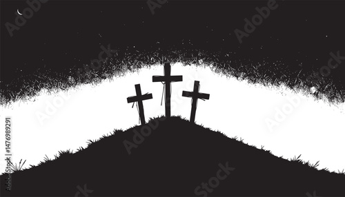  Three Crosses Silhouetted On A Hill Against A Starry Night Sky.eps