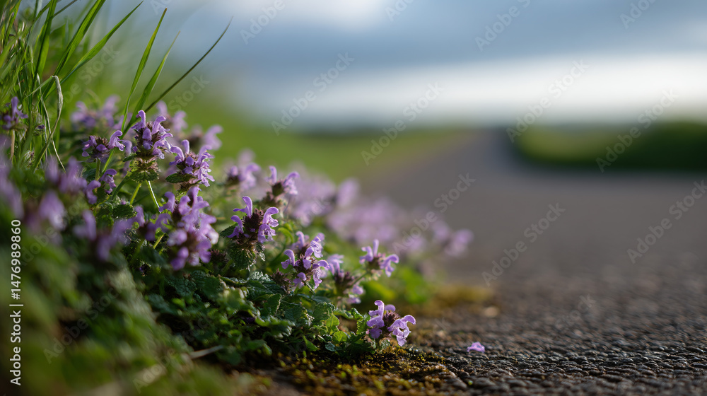 Obraz premium Purple dead nettle blooms softening the roadside ditch, creating a peaceful nature scene.