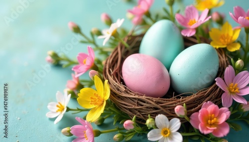 Vibrant pastel eggs nestled in a spring flower arrangement , tradition, chocolate