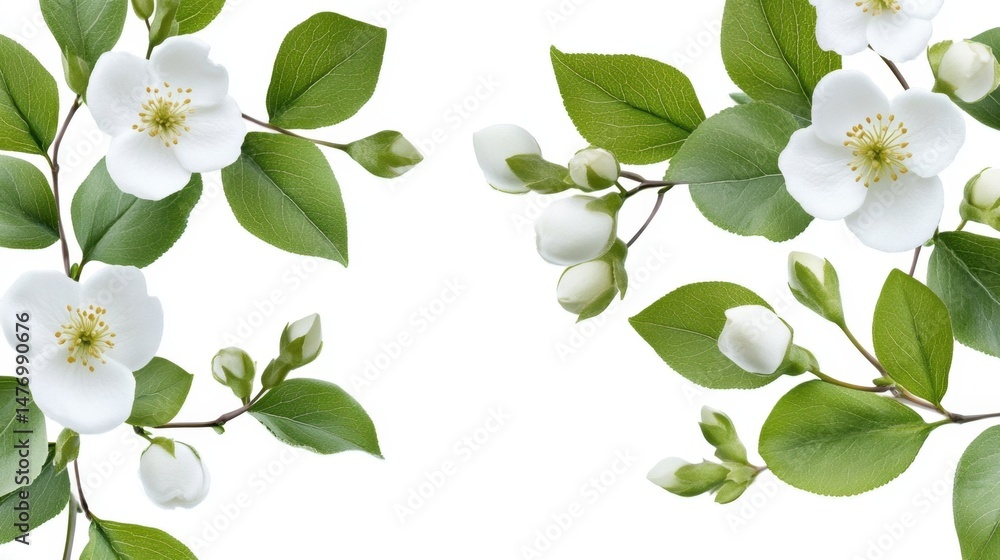 Fototapeta premium Wax flower and green leaves repeating on white, fresh botanical style wallpaper