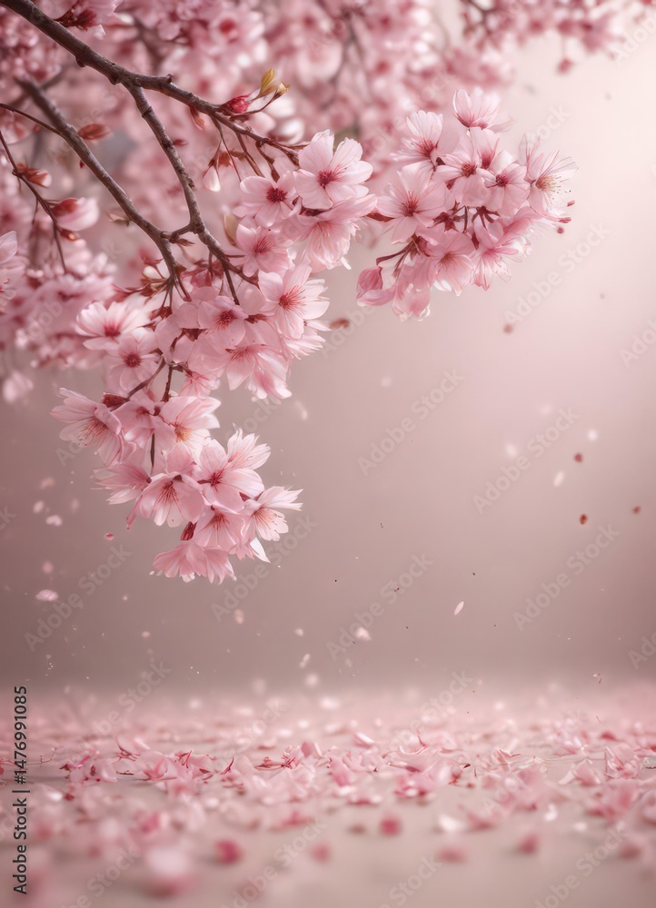 Fototapeta premium Delicate pink sakura petals drift on a soft-focus spring background , light, bloom