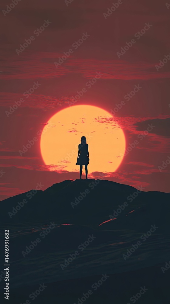 Fototapeta premium Solitary figure sunset silhouette dramatic landscape