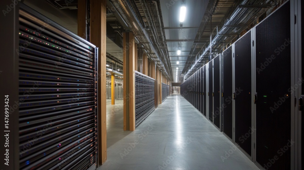 Server racks line a modern data center hallway Server racks line a modern data center hallway