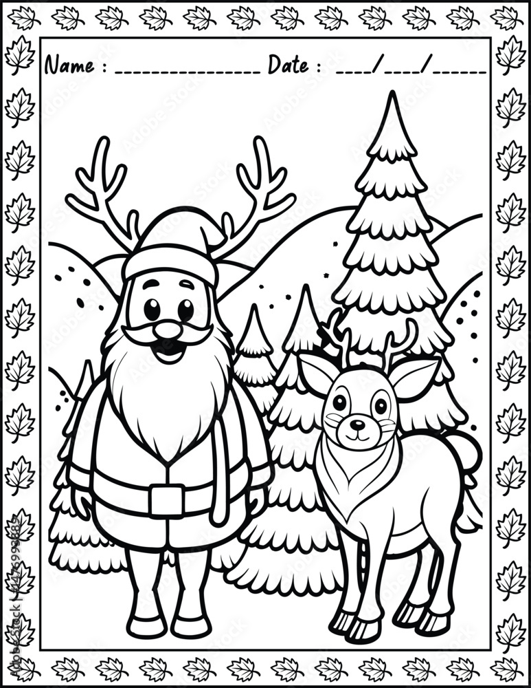 Fototapeta premium Santa Claus Christmas Coloring Pages. High resolution (300 DPI), ready to print on standard 8.5x11 inch paper With No Bleed, Black and White Vector illustration AI, EPS, PNG, JPEG.