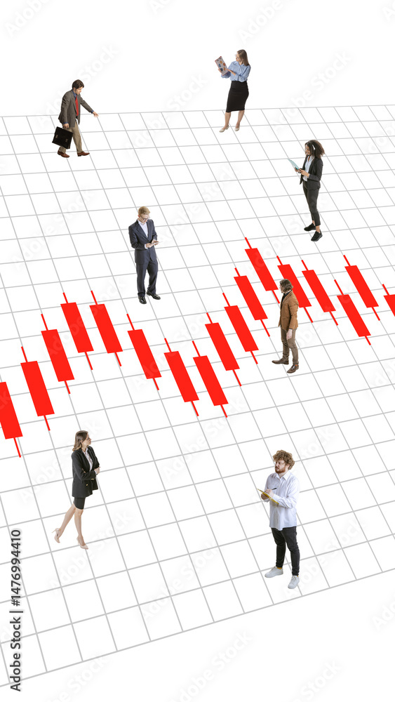 Composite design. Red candlestick chart with floating businesspeople over 3D grid space. Representation of market volatility and crisis. Concept of economic, finance, money, crisis. Composite design. Red candlestick chart with floating businesspeople over 3D grid space. Representation of market volatility and crisis. Concept of economic, finance, money, crisis.