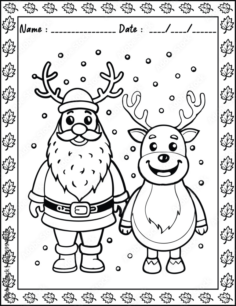 Obraz premium Santa Claus Christmas Coloring Pages. High resolution (300 DPI), ready to print on standard 8.5x11 inch paper With No Bleed, Black and White Vector illustration AI, EPS, PNG, JPEG.
