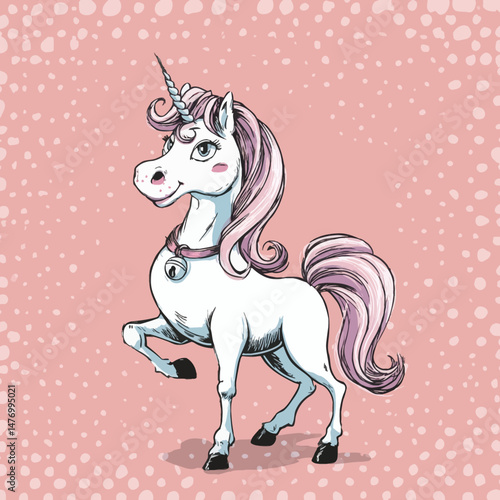A whimsical unicorn stands proudly on a pastel pink background, showcasing its pink mane and sparkling horn. This enchanting creature is depicted in a cheerful, cartoonish style that captures fantasy.